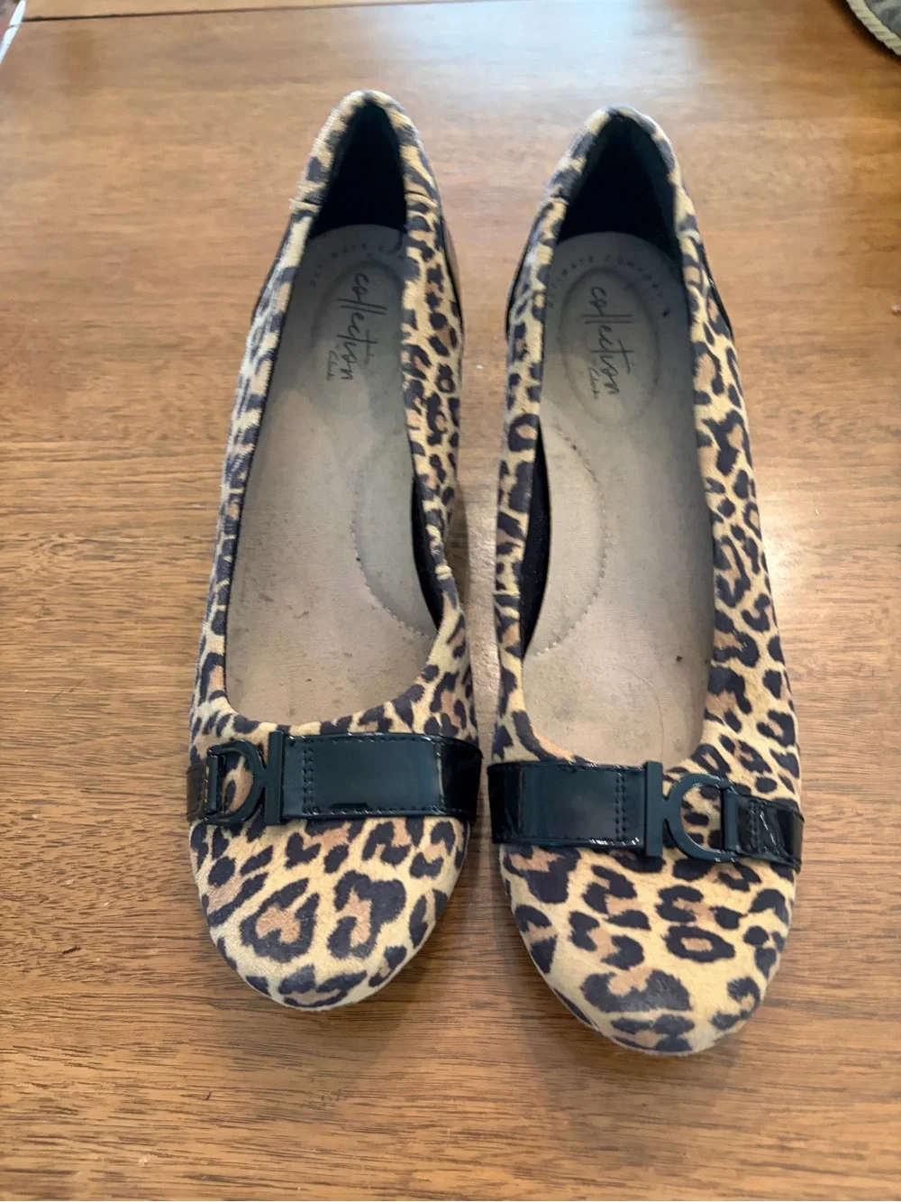 Clarks Leopard-Print Wedge Flats with Black Patent Bow
